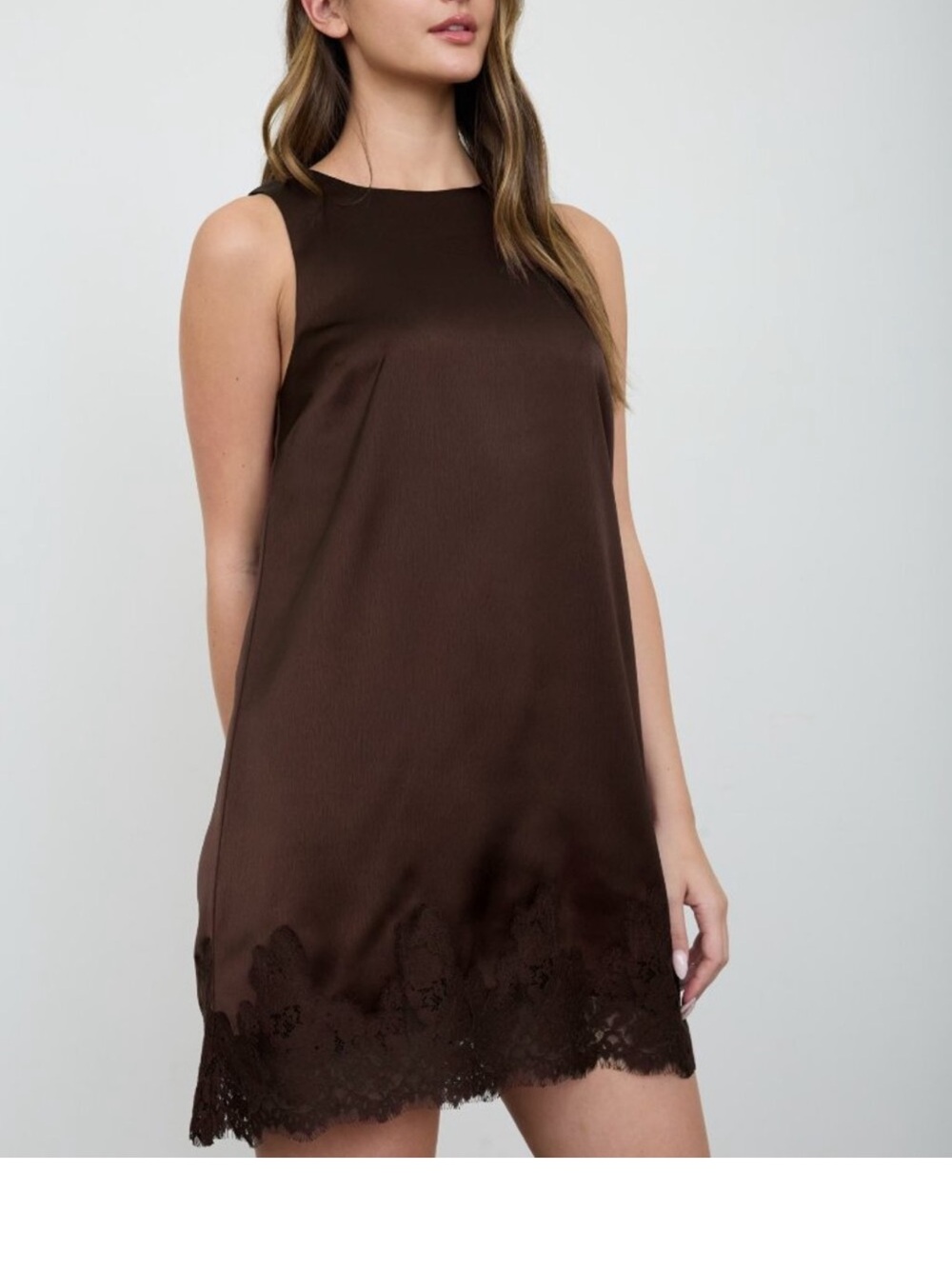 NWT Anthropologie Chocolate Brown Satin Lace-Hem Mini Dress